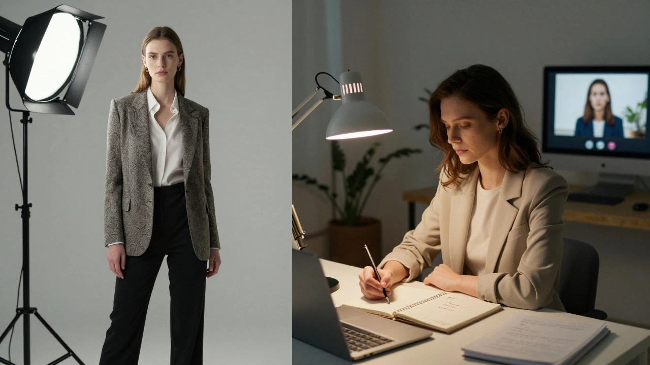 A model demonstrates how to style for Zoom calls using only a desk lamp and simple blazer at home.