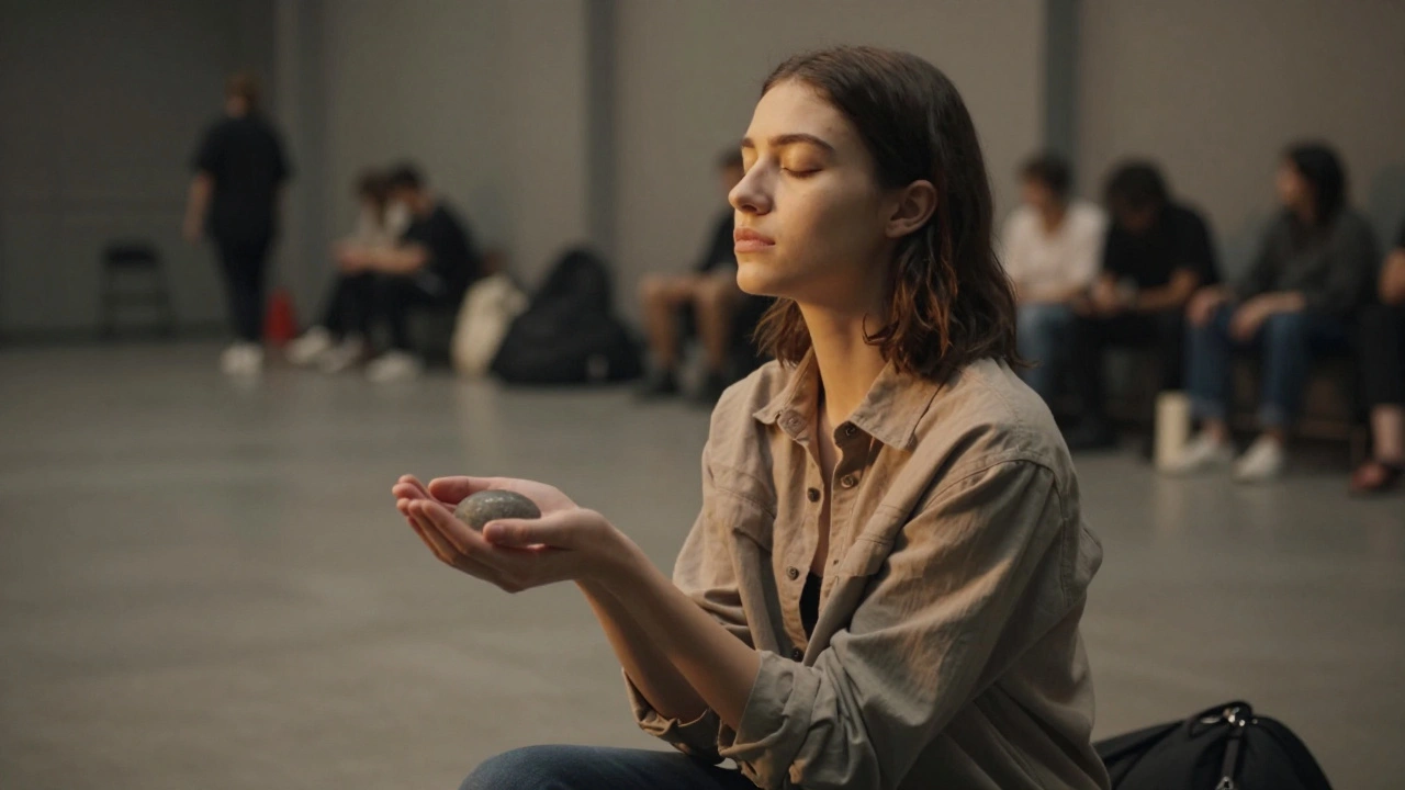 A model holding a stone backstage, breathing deeply after the show.