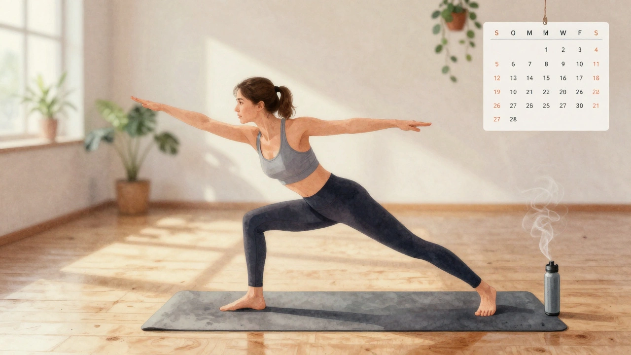 A model in a yoga pose on a mat, morning light filtering through plants, serene studio setting.
