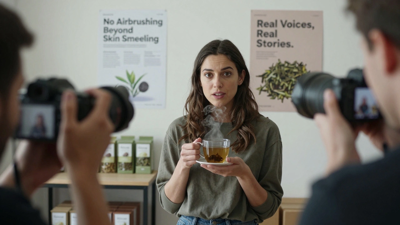 A model shares her personal story with herbal tea while being photographed in a candid campaign moment.