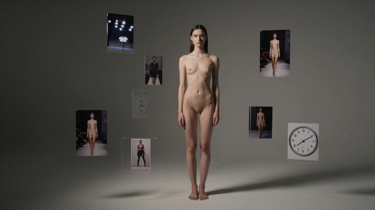 A model stands alone in a studio during a test shoot, surrounded by floating symbols of her journey toward professional modeling.