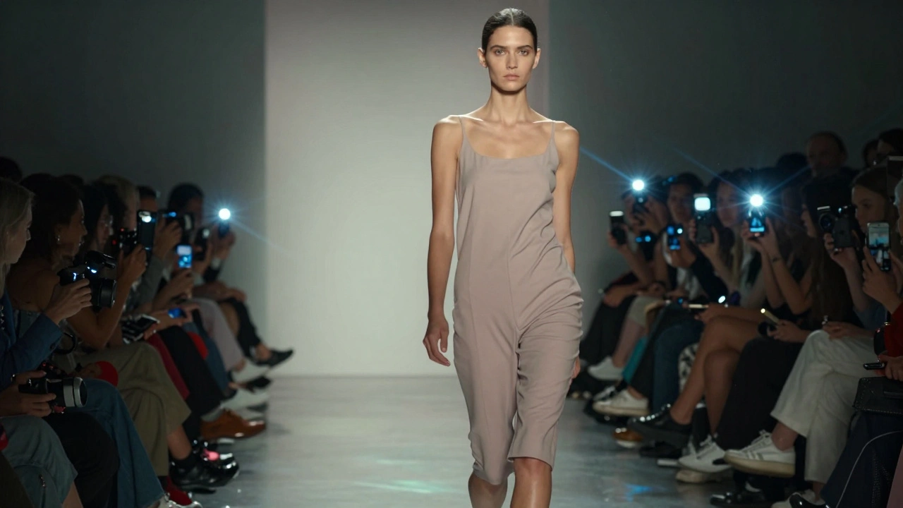 A model walking the runway with focused gaze, cameras flashing around her.