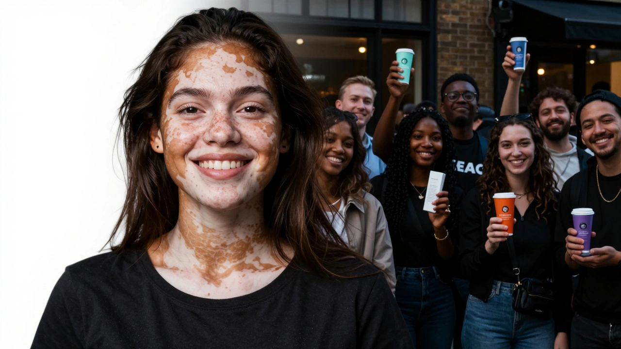 A model with vitiligo merges with a global crowd of shoppers, symbolizing representation and cultural change in soft contrast.