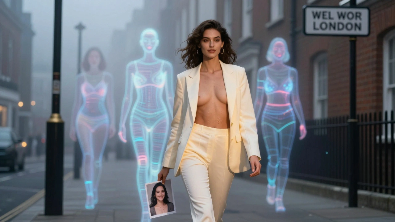 A real human model walks past glowing AI-generated models, holding a photo of her authentic self in a foggy city street.