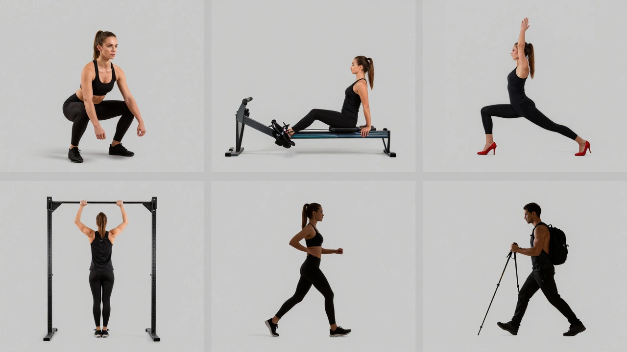 A weekly fitness schedule visualized as six workout scenes along a runway, each with a model's silhouette and high heels.