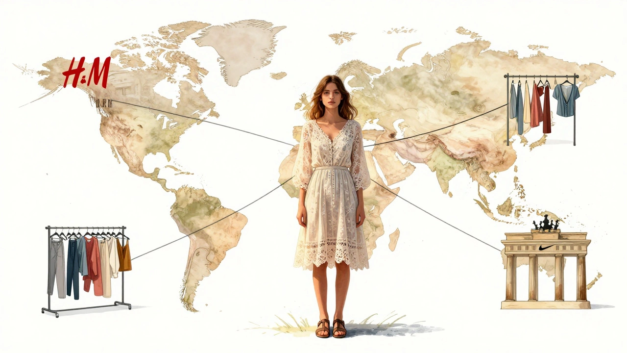 A woman in a lace cottagecore dress radiates digital trend threads connecting global fashion brands in golden hour light.