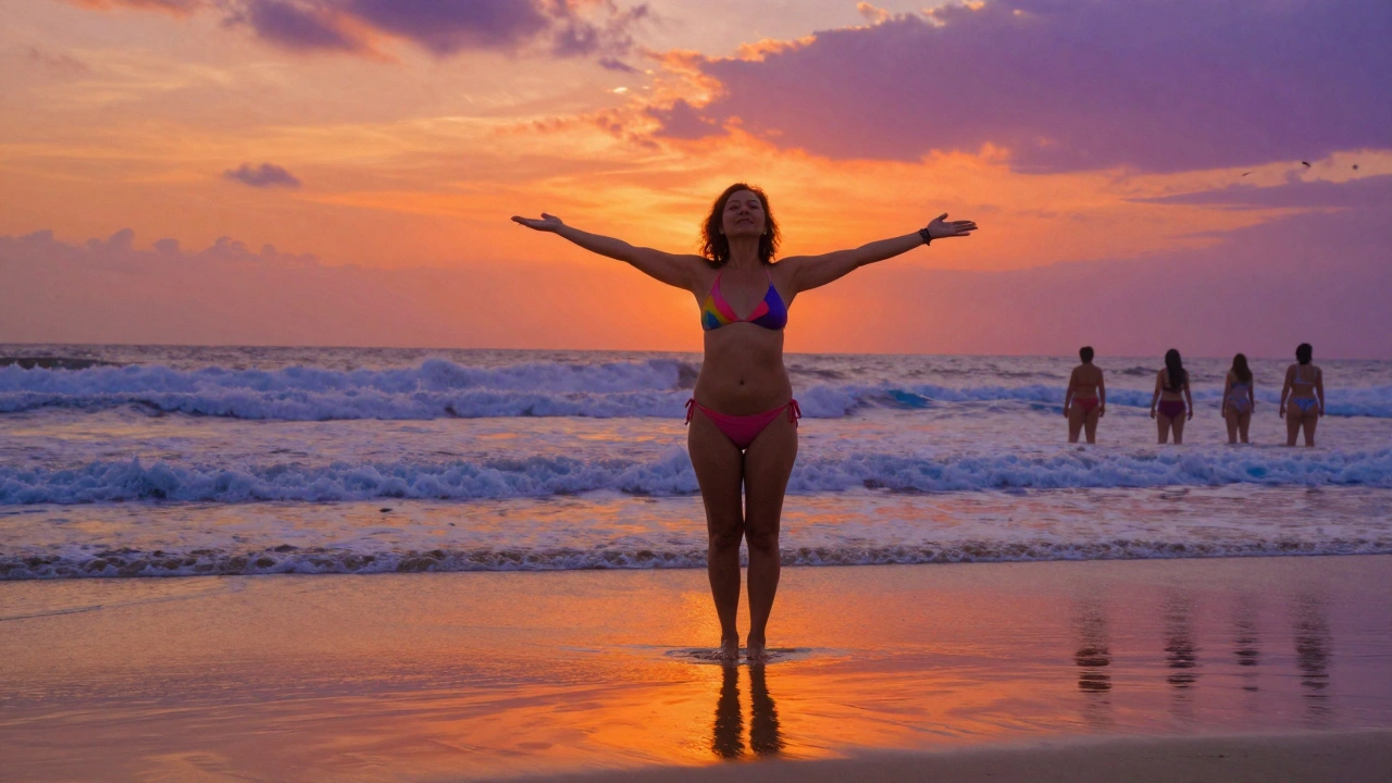 A woman on a beach at sunset, wearing a bikini, with her reflection in the sand.
