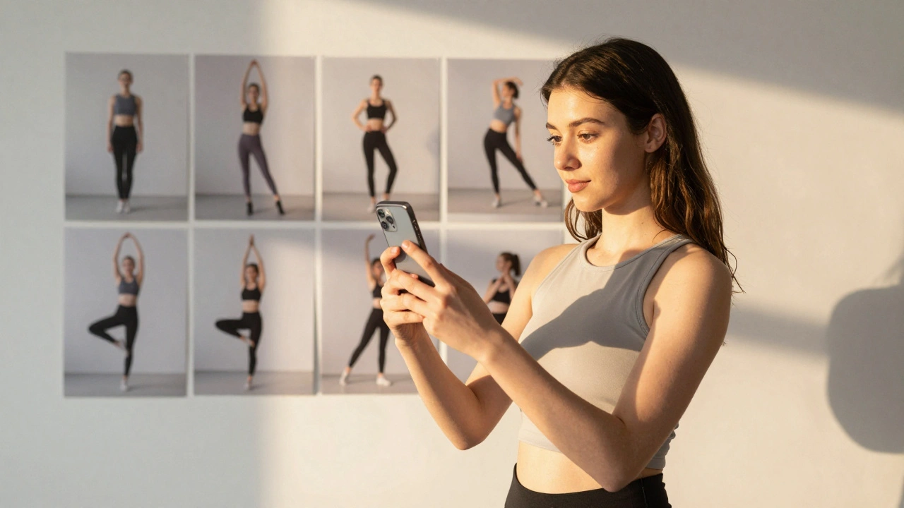 A young model reviewing her progress photos on a smartphone, walls behind her filled with posed study shots.