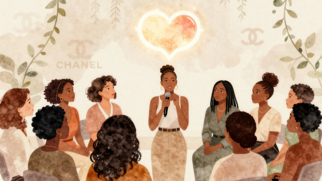 Adwoa Aboah speaking to young women, blending fashion influence with mental health advocacy in a soft, artistic style.