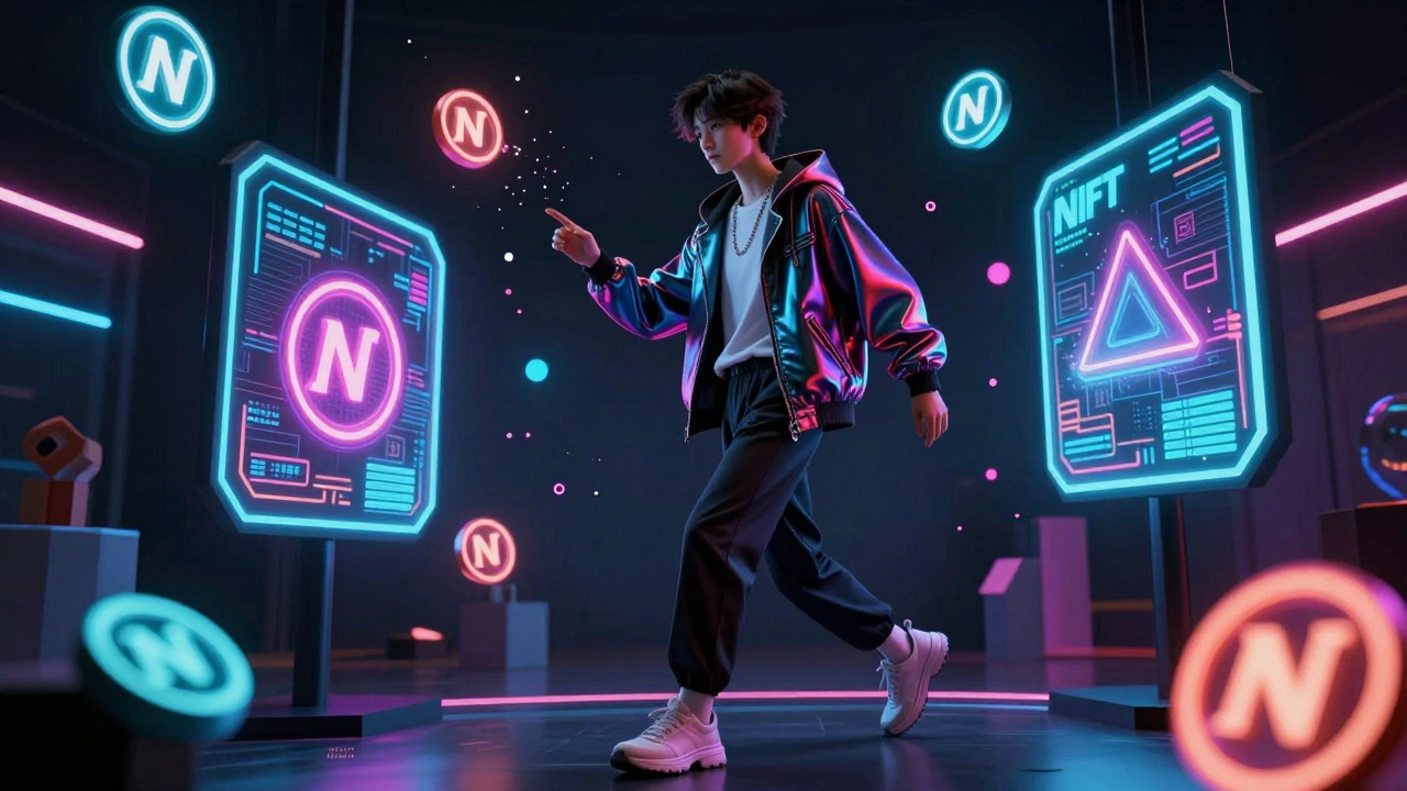 AI model avatar interacting with floating NFT tokens in cyberpunk environment.