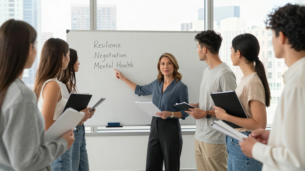 An experienced female model teaches aspiring models in a bright classroom, pointing to a whiteboard.