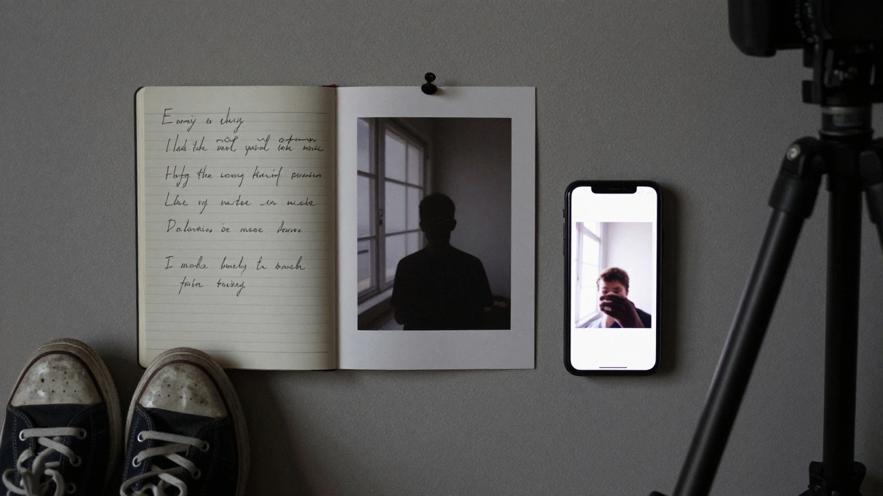 An unedited photo on a wall with a phone, tripod, and notebook, showing the humble, consistent effort behind modeling.