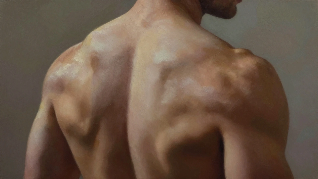 Close-up of shoulders with side lighting highlighting muscle definition
