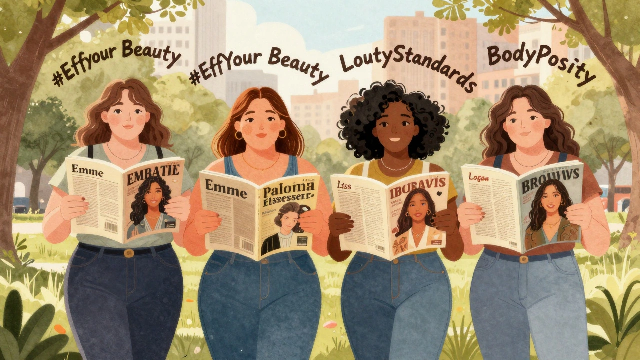 Diverse plus size advocates standing together with historic magazine covers and body positivity hashtags.