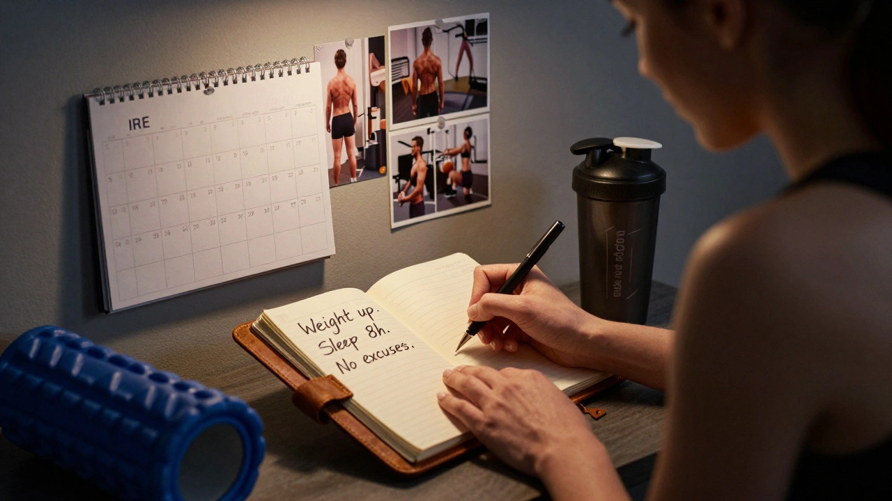 Fitness model writing in a notebook with progress photos on the wall, representing consistent training habits.