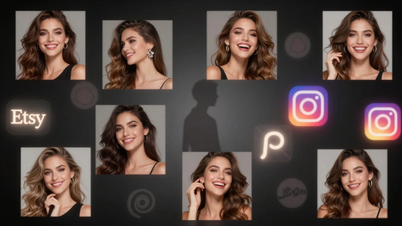 Floating images of real glamour models overlap digital platform icons, with a faint AI silhouette in background, symbolizing human authenticity.