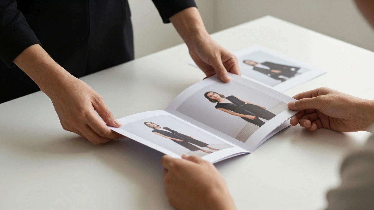 Hands arranging editorial and commercial model portfolio photos on table.
