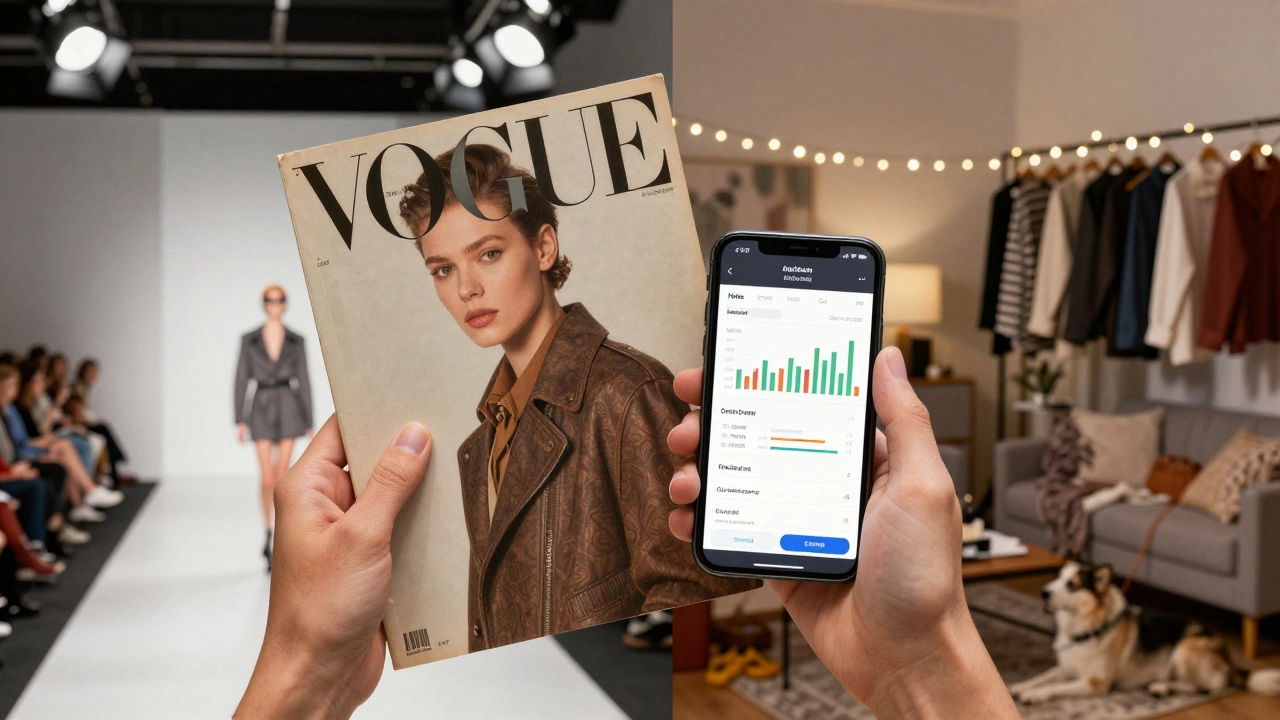 Hands holding a Vogue magazine and smartphone, with contrasting backgrounds of old runway and modern home studio.