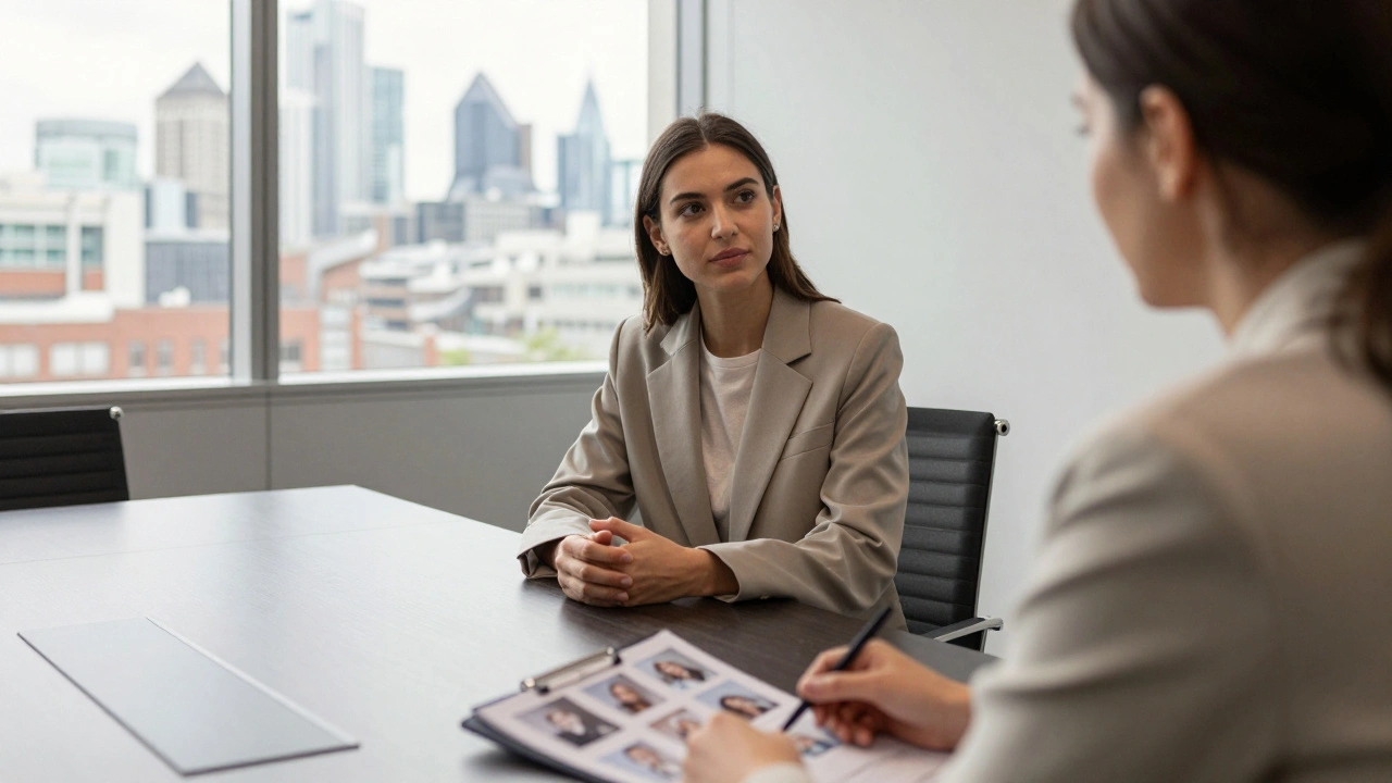 Model discussing portfolio with agency representative in London meeting room.