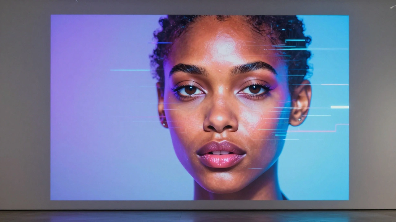 Surreal digital face with color shifts and glitches in gallery projection.