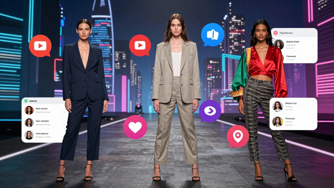 Three diverse models in a digital space where runways transform into social media feeds and data streams.