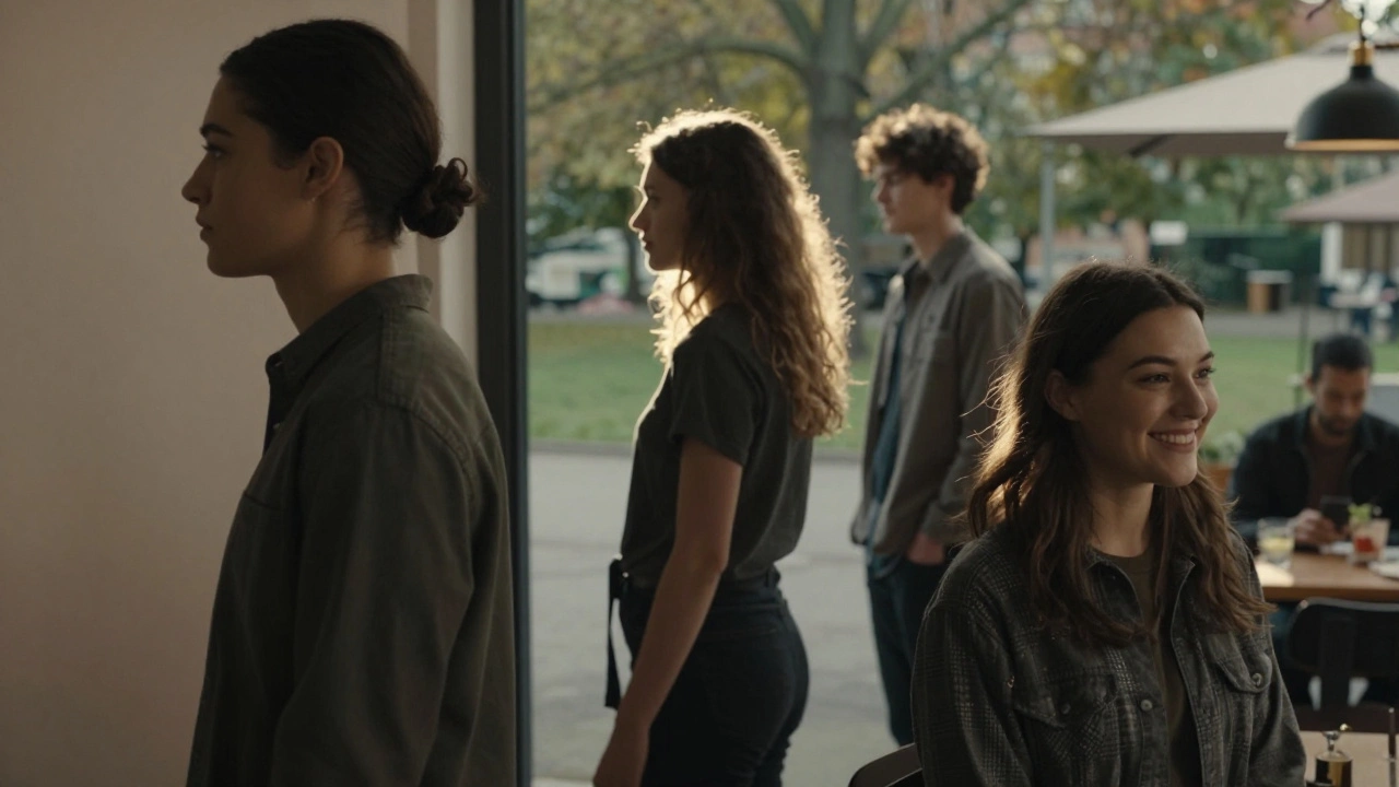 Three models captured in different lighting conditions—studio, park, and café—each looking natural and unposed.
