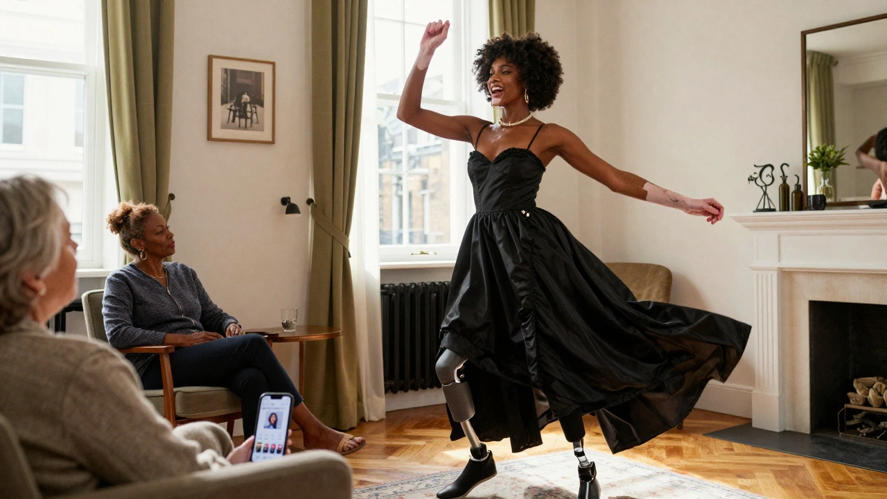 A Black trans model with vitiligo and a prosthetic leg dances in a designer gown in a cozy living room, sunlight and a smartphone visible.