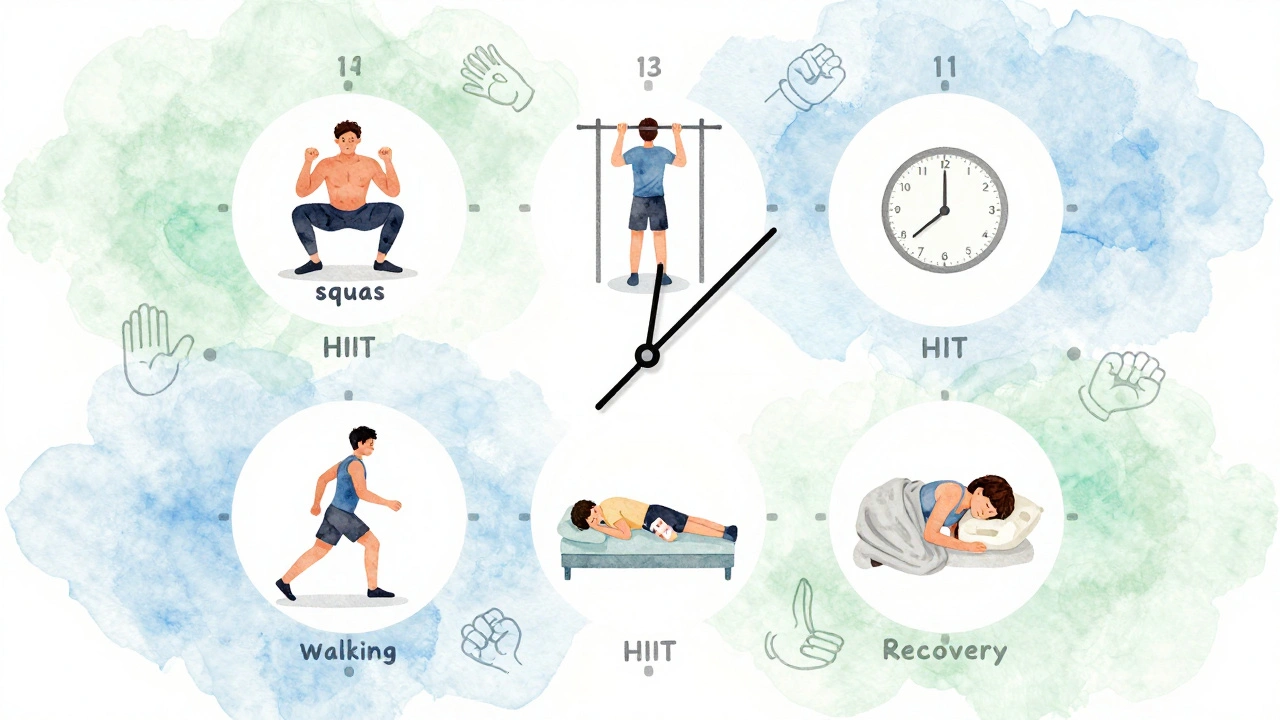 A calm, artistic clock face showing a balanced weekly training routine with food portions and sleep, in soft watercolor tones.
