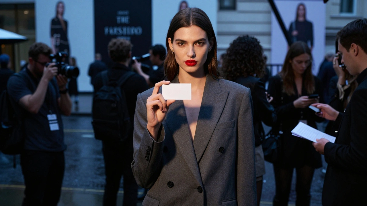 A confident model at London Fashion Week networking event, holding a business card.