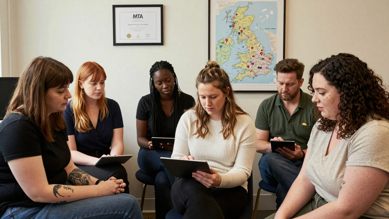 A diverse group of models in a regional UK agency office, with a map of UK cities and MTA certification on the wall.