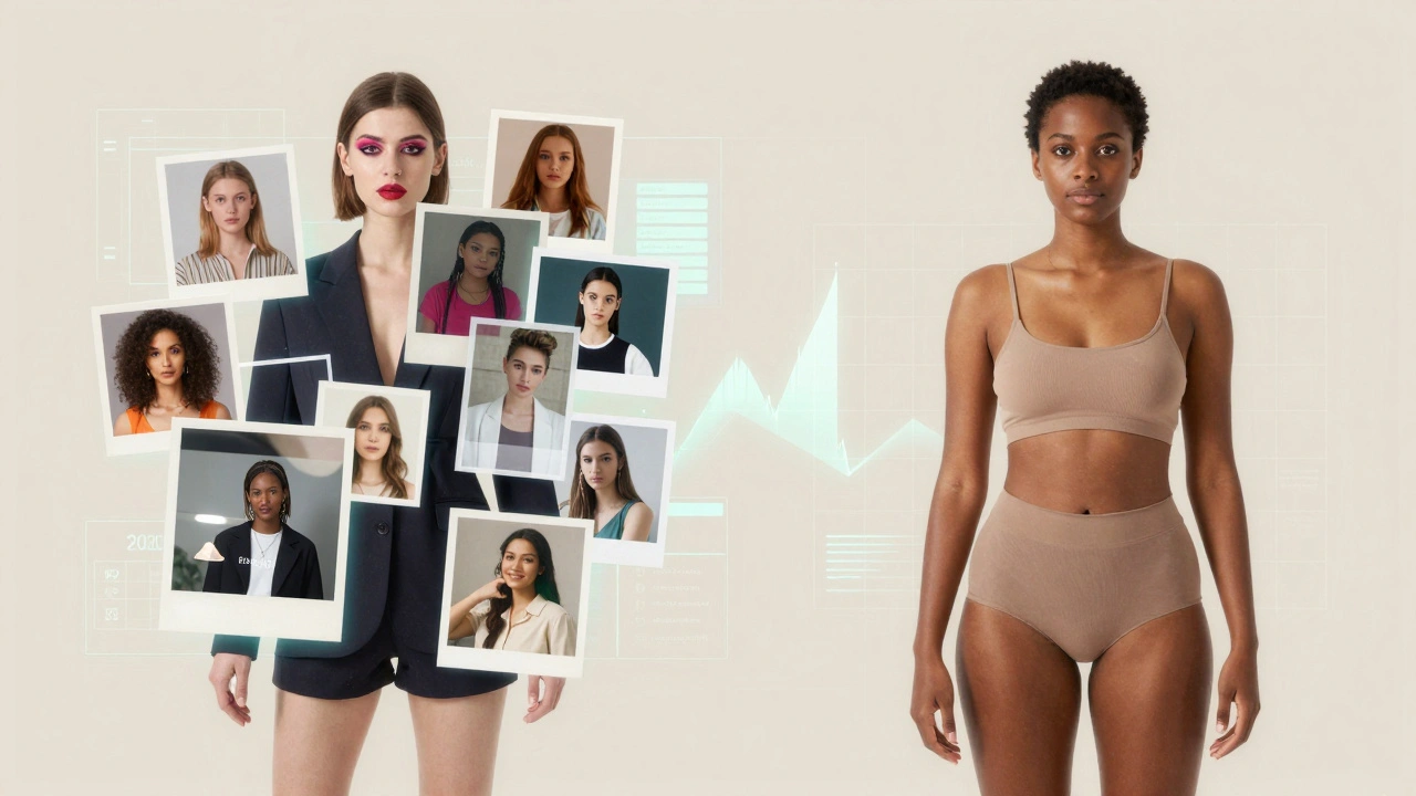 A flowing figure composed of shifting photo frames and video icons, transitioning from old fashion trends to modern inclusive styles.