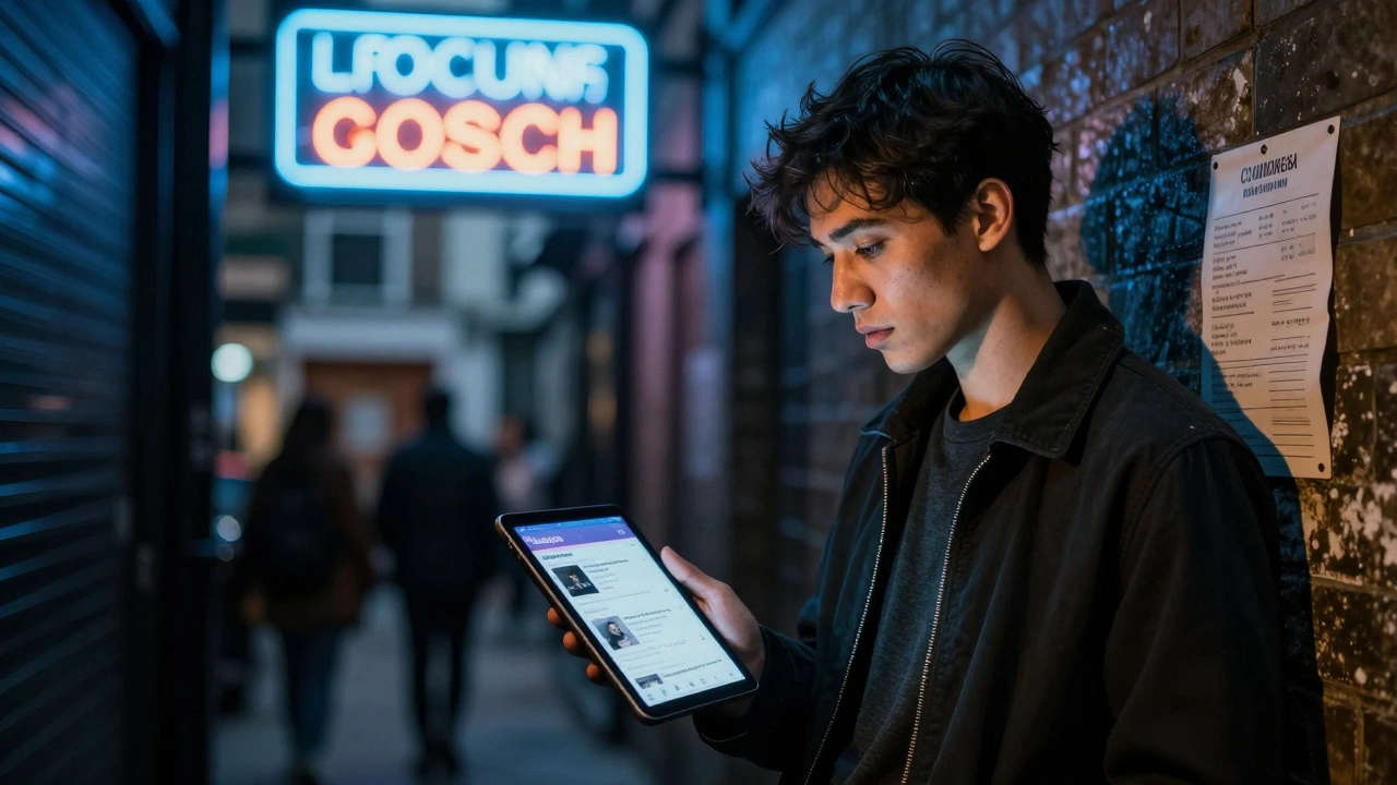 A freelance model alone in a London alley, checking emails on a tablet under a neon sign.