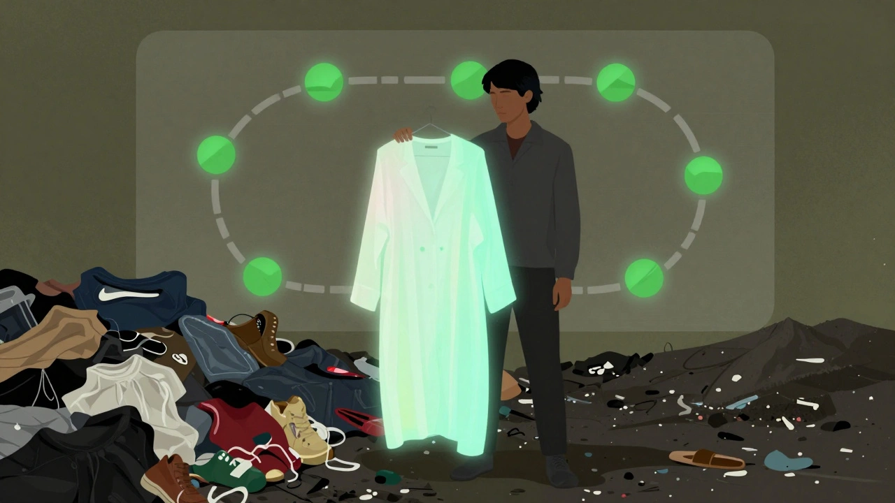 A model holds innovative self-cleaning fabric beside a landfill, with a transparent supply chain map glowing behind her.