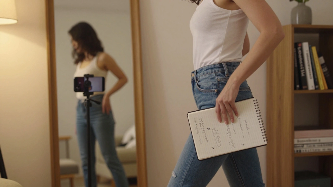 A model practicing her walk in front of a mirror, recording herself with a smartphone.