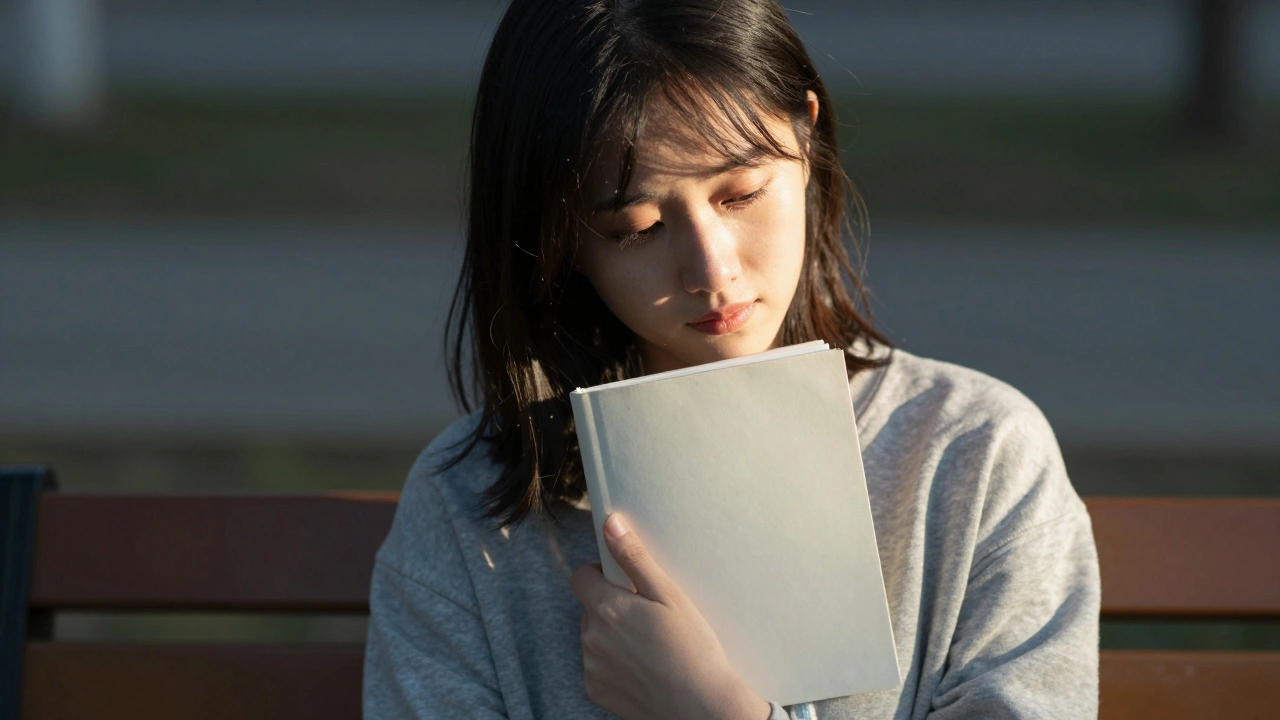 A model sits on a bench, holding a closed notebook, bathed in soft afternoon light, lost in thought.