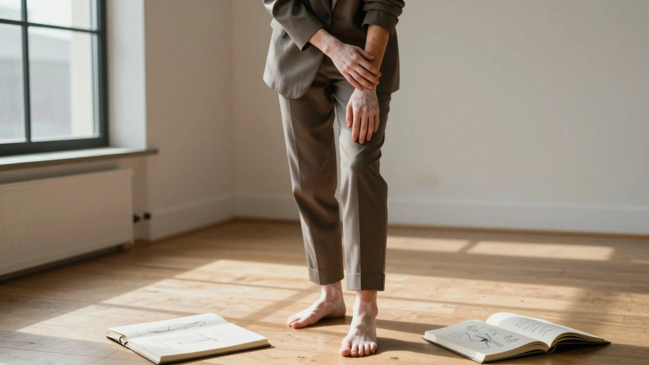 A model with vitiligo stands in sunlight wearing a tailored suit, touching her arm as natural light highlights her skin and quiet confidence.