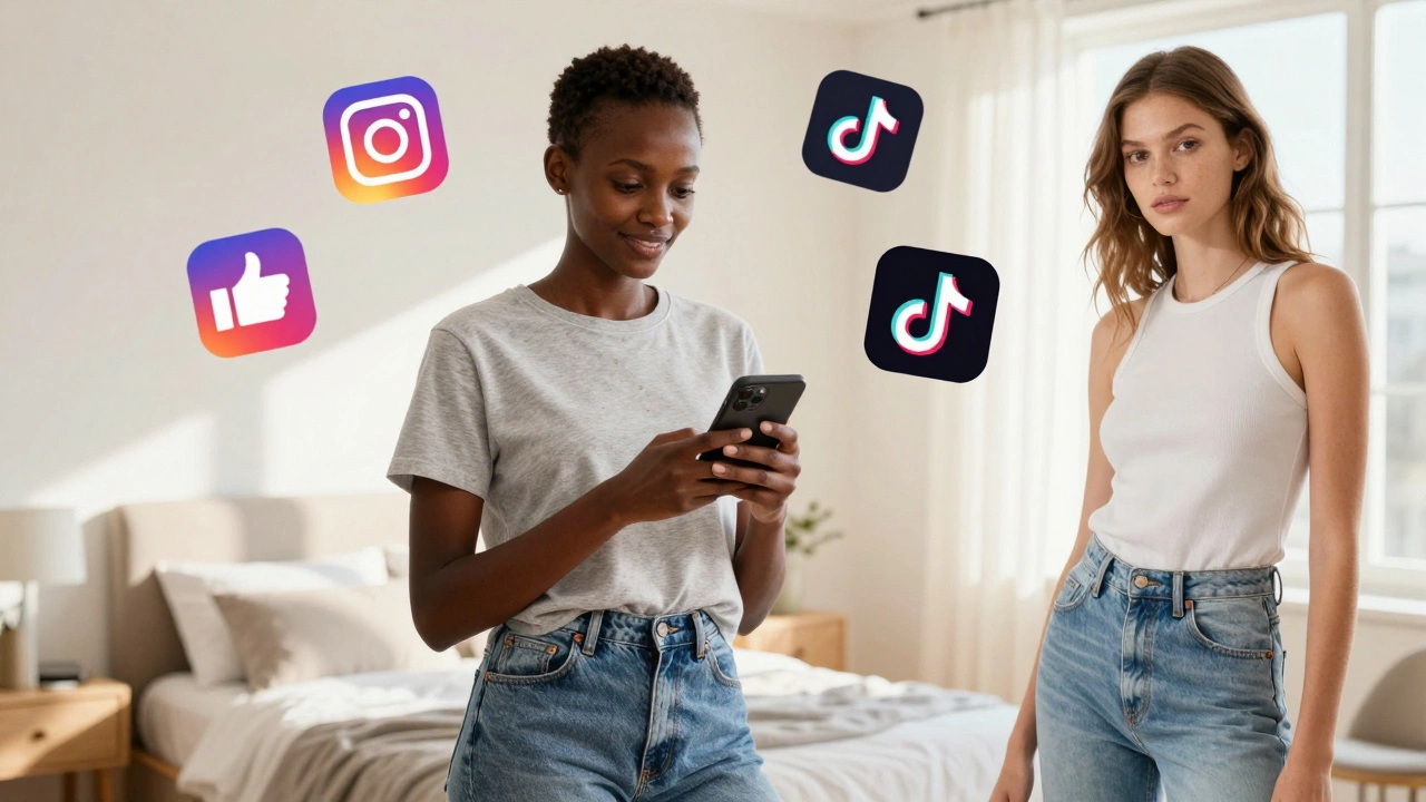 A modern supermodel in a bedroom, surrounded by digital icons of social media and brand influence.