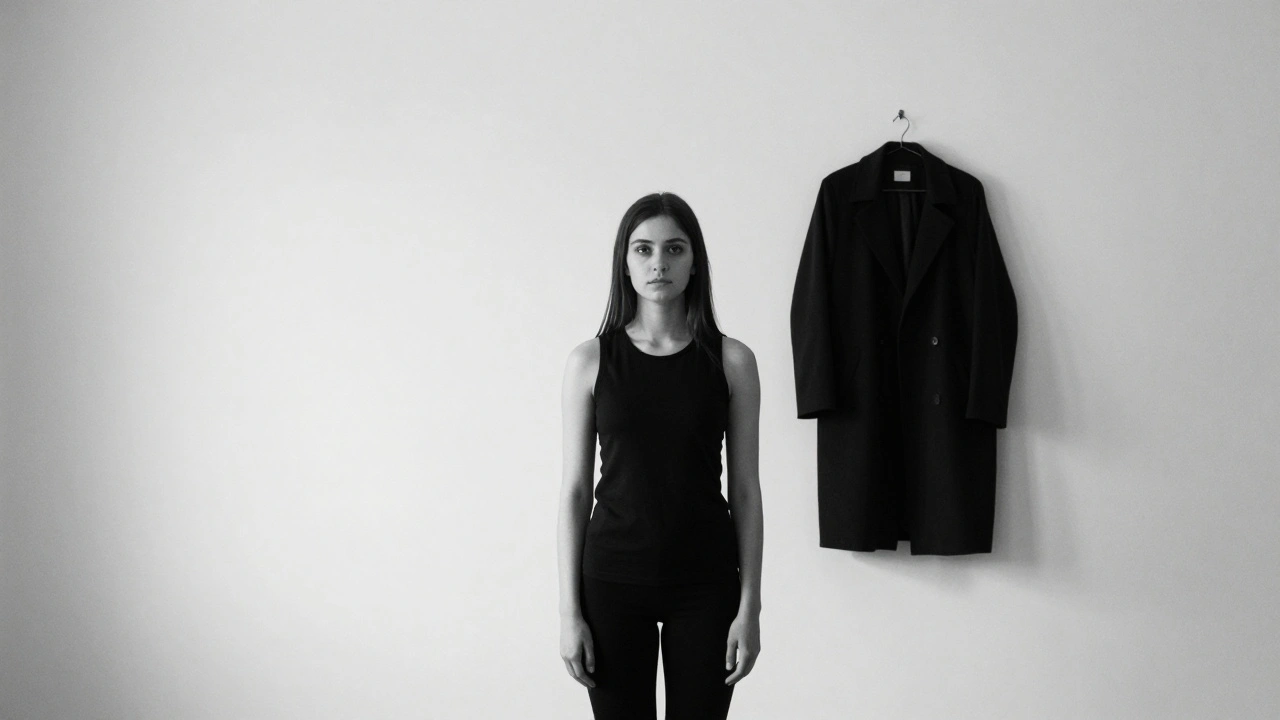 A person stands in an empty white room, a crooked coat hanging behind them, silent and still.