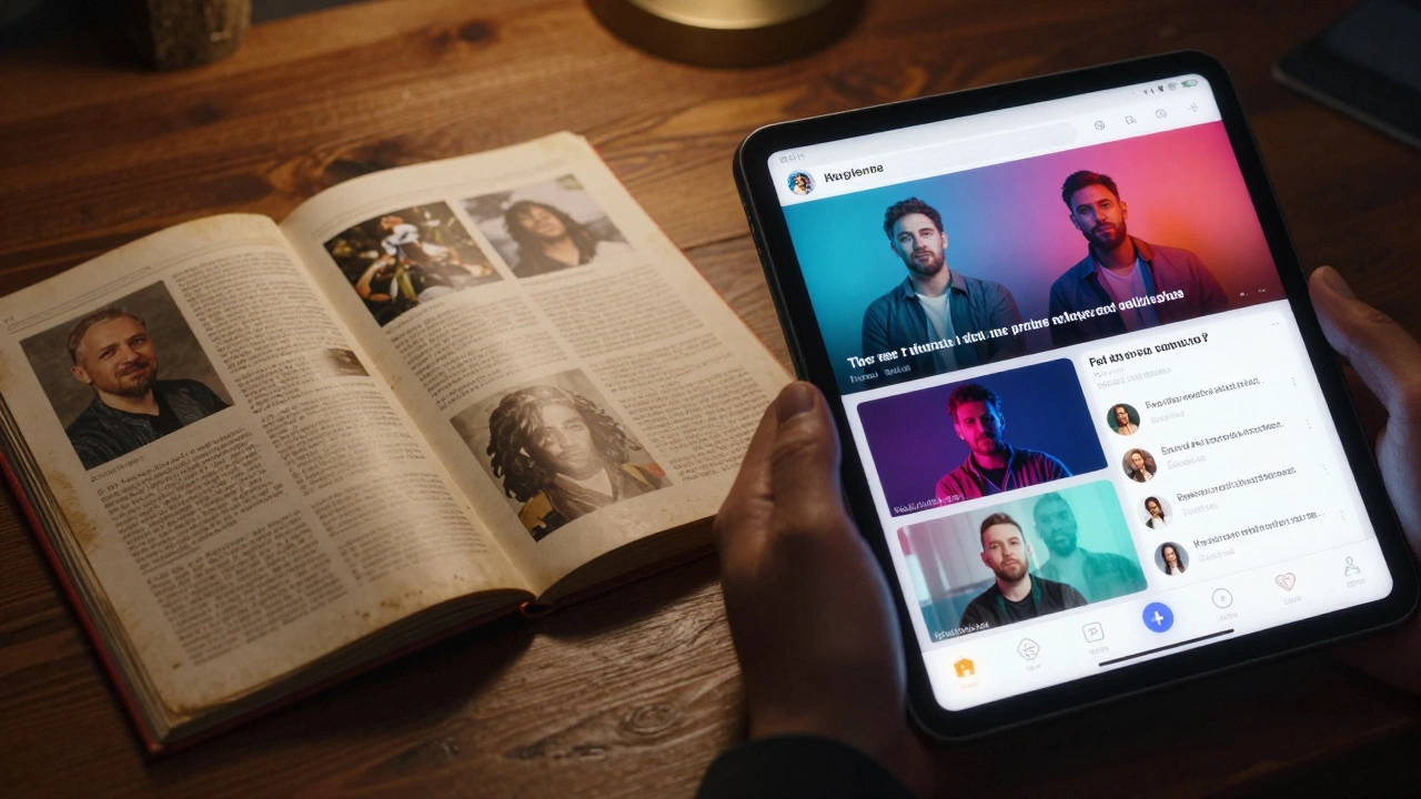 A split image contrasting an outdated printed portfolio with a modern digital one, symbolizing industry evolution.