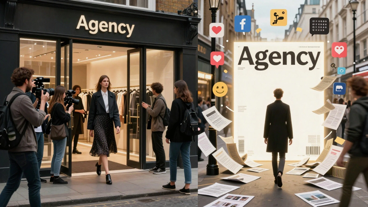 A split-path illustration showing agency support versus freelance challenges in London's fashion scene.