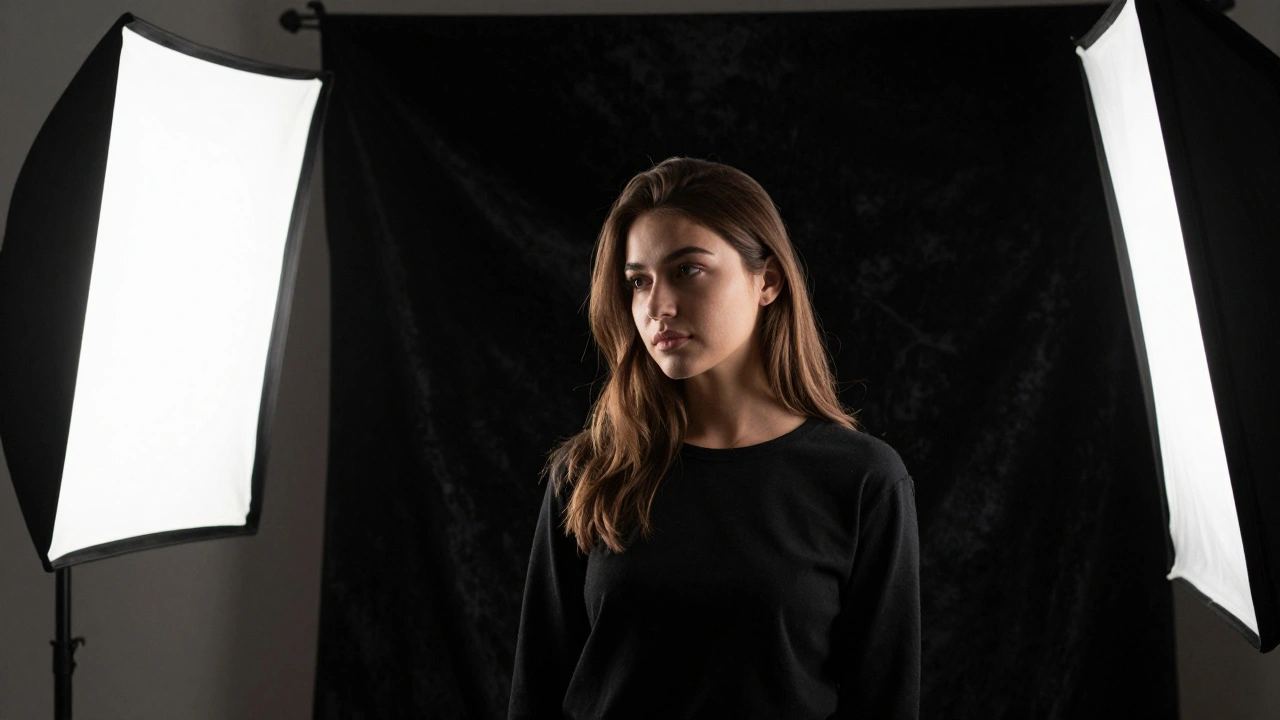 A studio portrait with three-point lighting creating rim light and soft shadows.