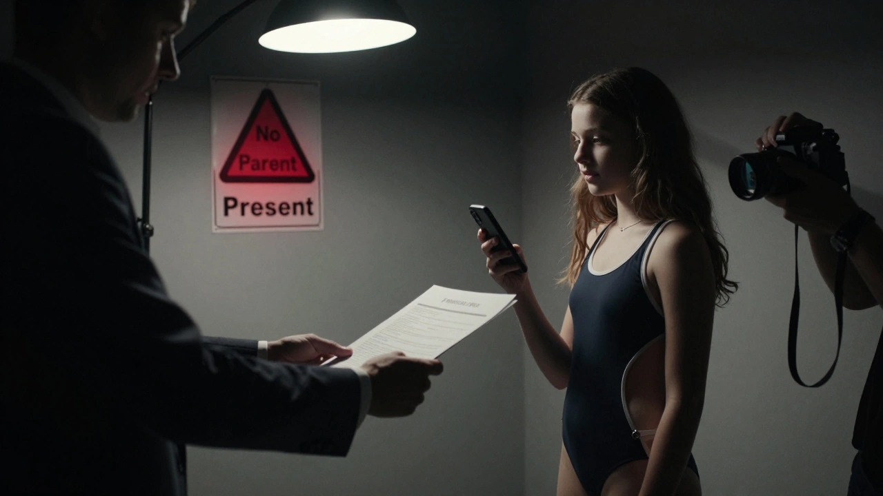 A teen being handed a contract by a mysterious adult, with shadowy hands reaching from the dark.