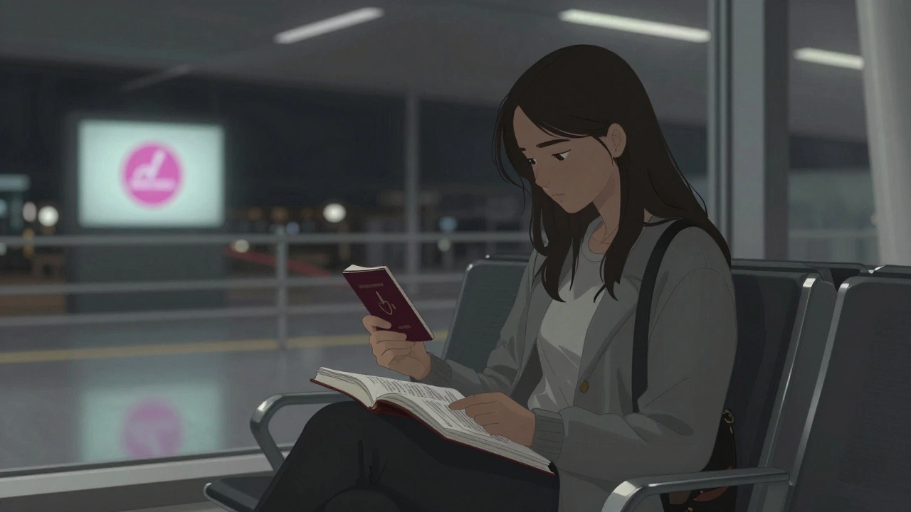 A teenager sits alone at night in an airport, holding a forged passport and a textbook.