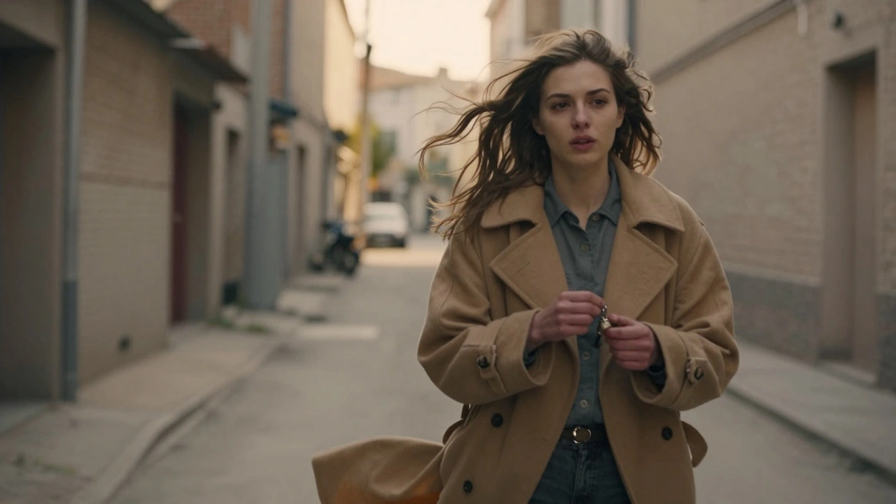 A woman walks into the wind, coat flaring, holding a locket as light catches her unguarded expression.