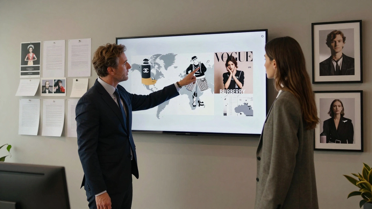 Agent in a London modeling agency showing global campaign photos to a new model in a professional office.