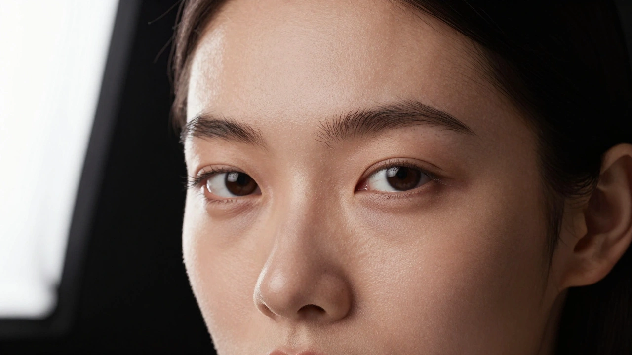 Close-up of a model's face with beauty dish lighting and a catchlight in the eyes.
