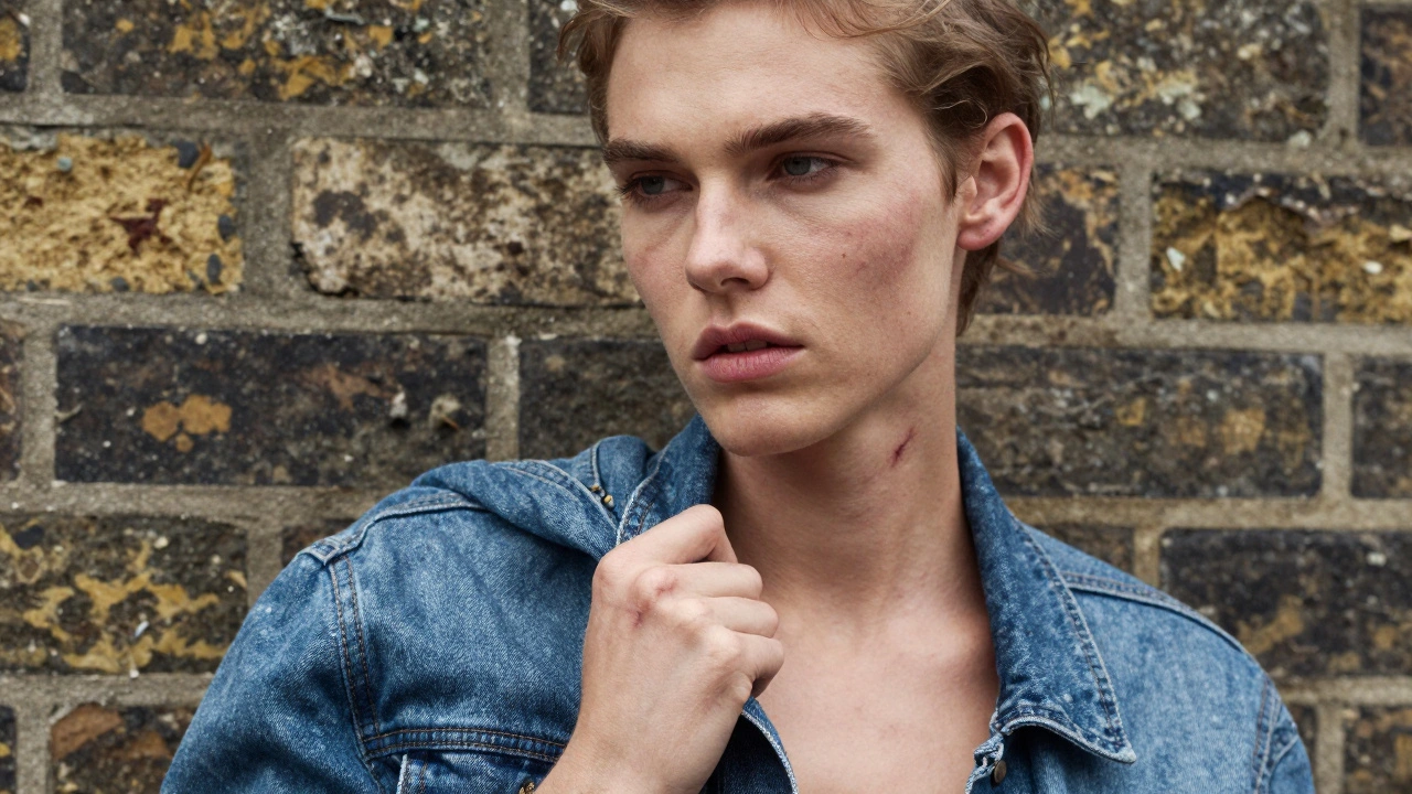 Close-up of a UK model with freckles and scars, gazing away with quiet intensity against a brick wall.