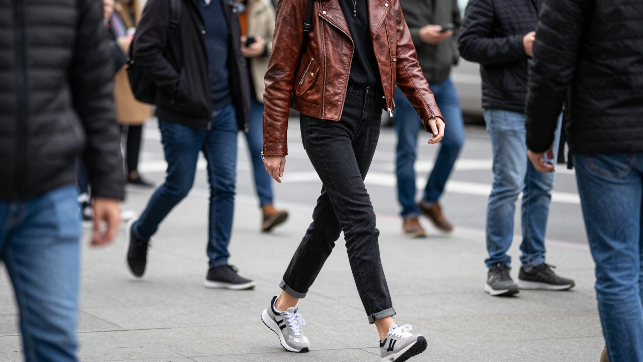Confident model walking on city street mixing vintage and modern fashion styles.