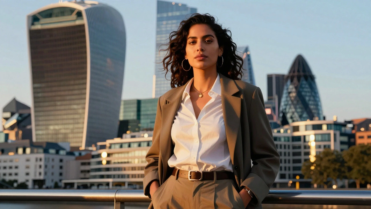 Confident woman portrait, urban background, golden hour lighting.