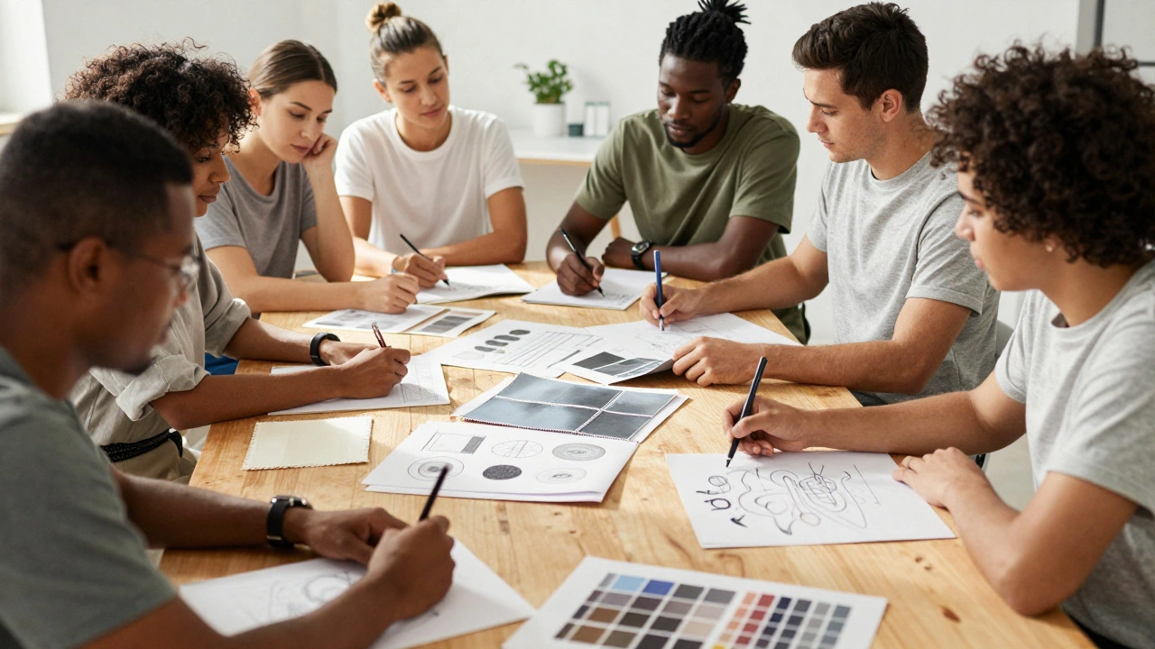 Diverse models and designers collaborate in a studio, reviewing fabric swatches and prototypes during a design meeting.
